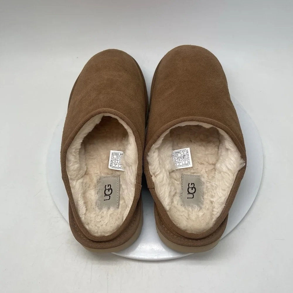 UGG Slippers Mens 9 Slip On Suede Brown Fur Lined‎ Comfort Casual 1129290 Shoes